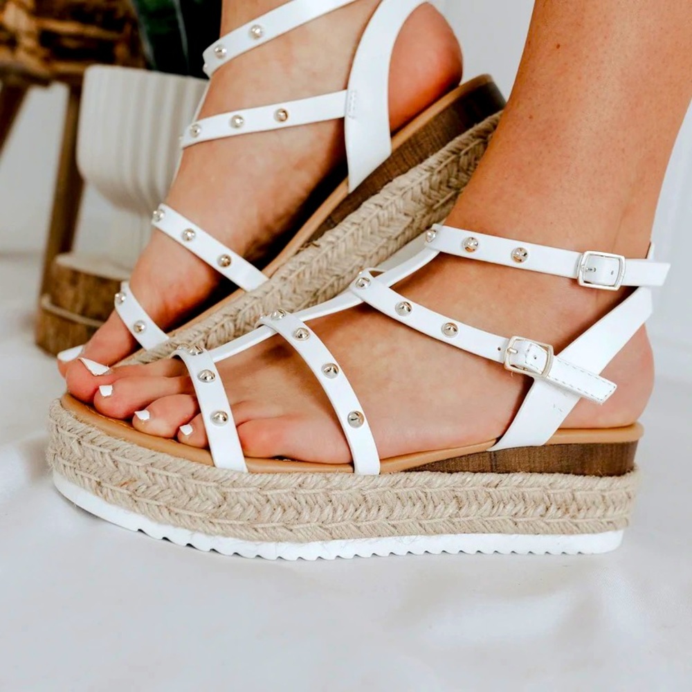 White Studded Platform Gladiator Sandal 8 Ankle Strap Buckle